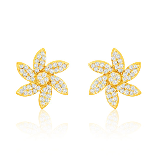 Suzy Levian 14K Yellow Gold .20 cttw Diamond Pave Curved Flower Stud Earrings