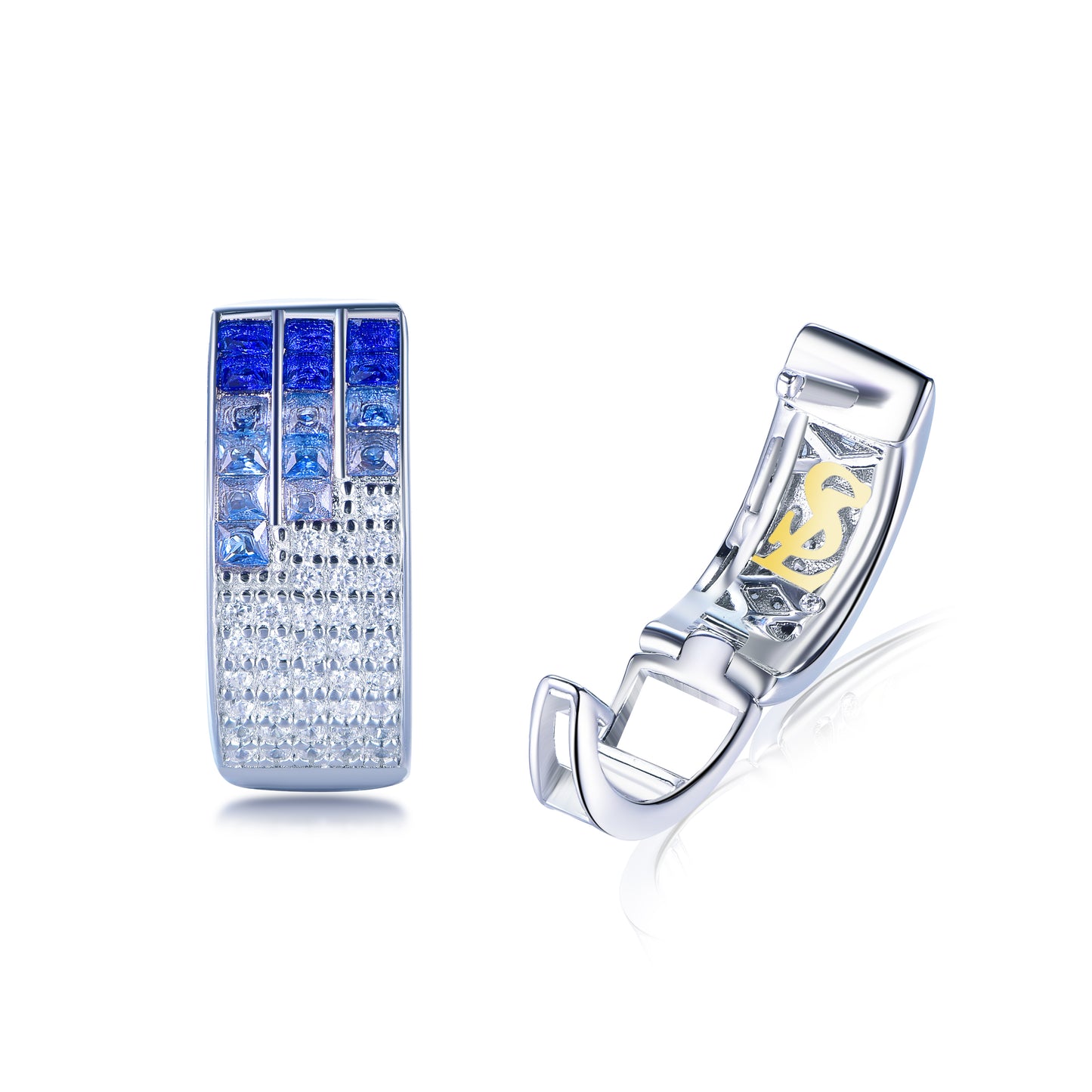 Suzy Levian Sterling Silver Invisible Set Blue White Cubic Zirconia Huggie Earrings