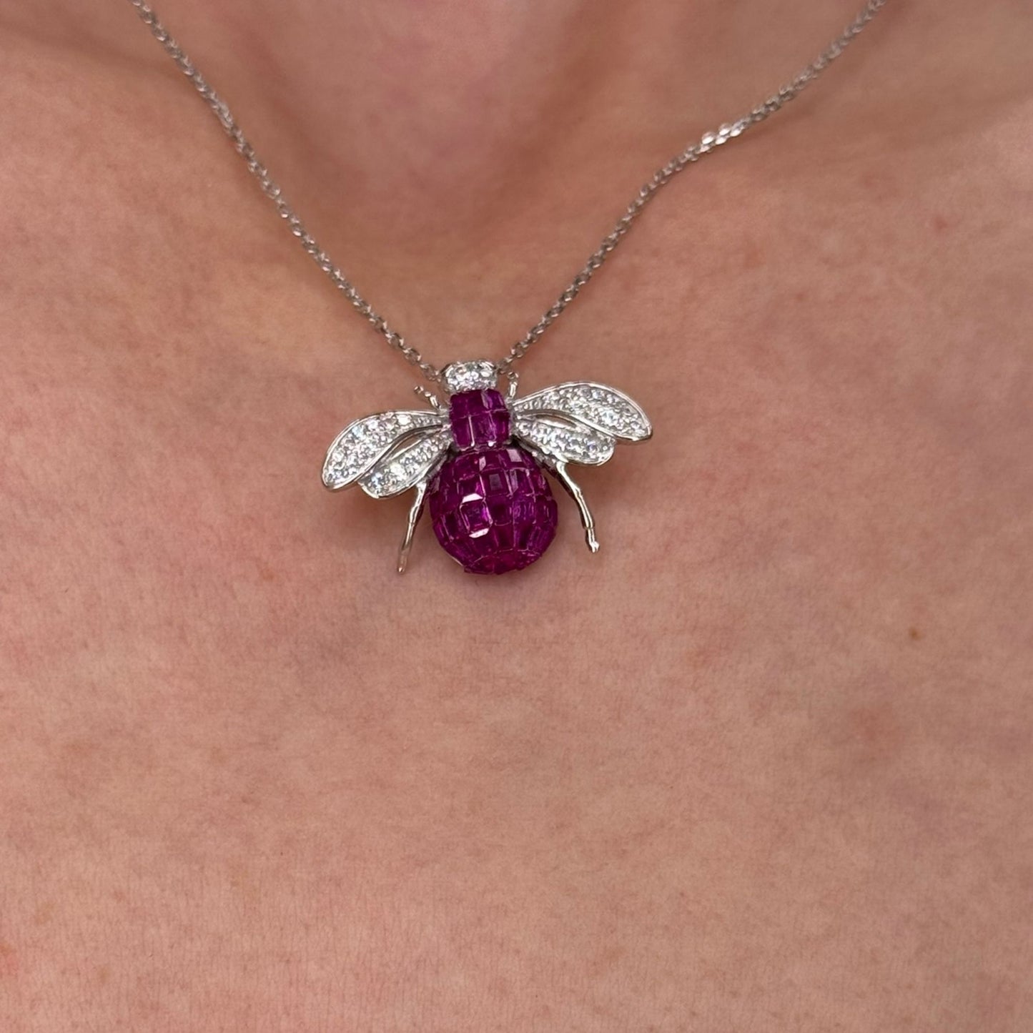 Suzy Levian Sterling Silver Invisible Set Red White Cubic Zirconia Bumble Bee Pendant