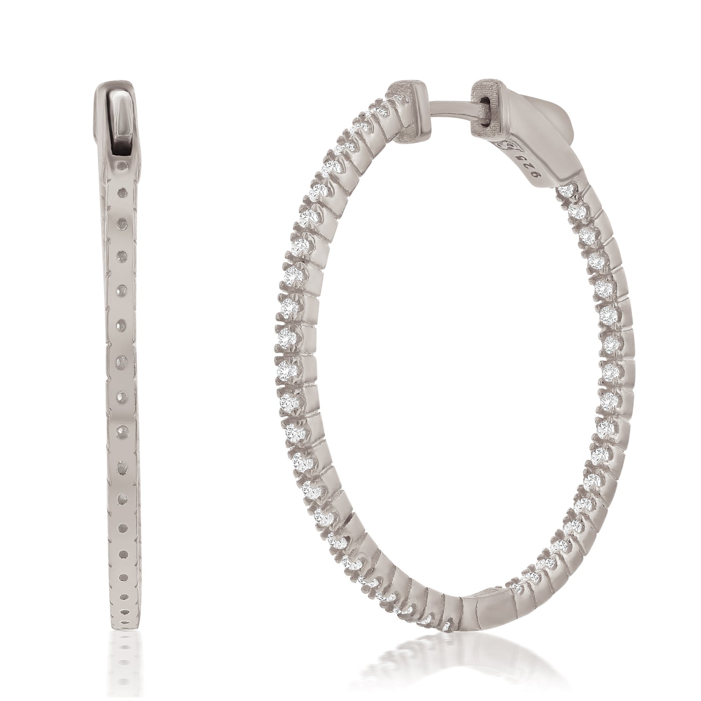 Suzy Levian White Sterling Silver & White Cubic Zirconia Pave Hoop Earrings