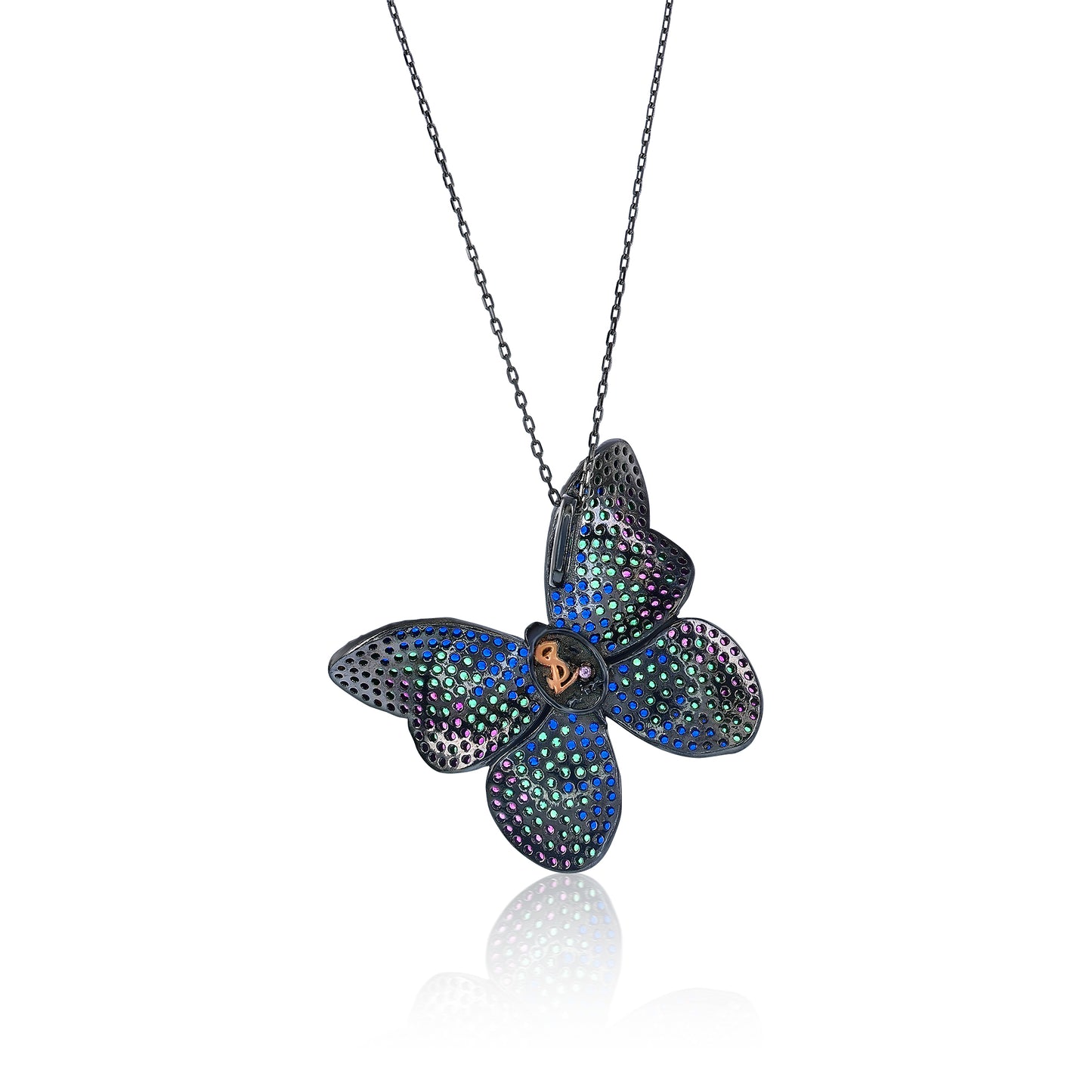 Suzy Levian Black Sterling Silver Multi Color Cubic Zirconia Butterfly Pendant