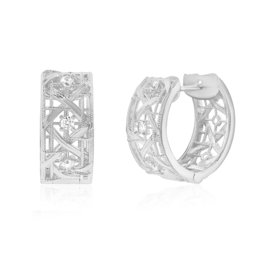 Suzy Levian White Sterling Silver & White Cubic Zirconia Cutout Huggie Hoop Earrings