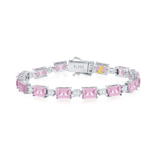 Suzy Levian Sterling Silver Gala Pink Emerald Cut White Cubic Zirconia Tennis Bracelet