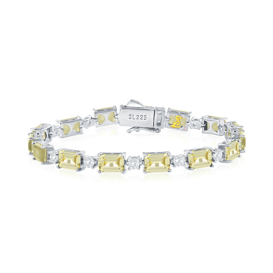 Suzy Levian Sterling Silver Gala Yellow Emerald Cut White Cubic Zirconia Tennis Bracelet