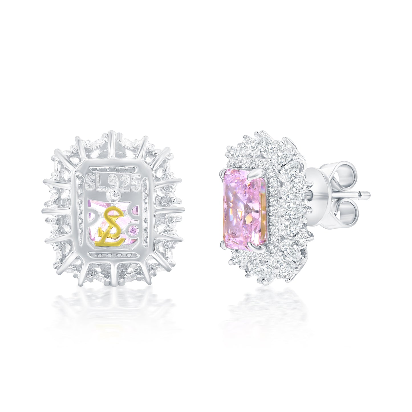 Suzy Levian Sterling Silver Gala Firework Emerald Cut Pink & White Cubic Zirconia Cluster Earrings