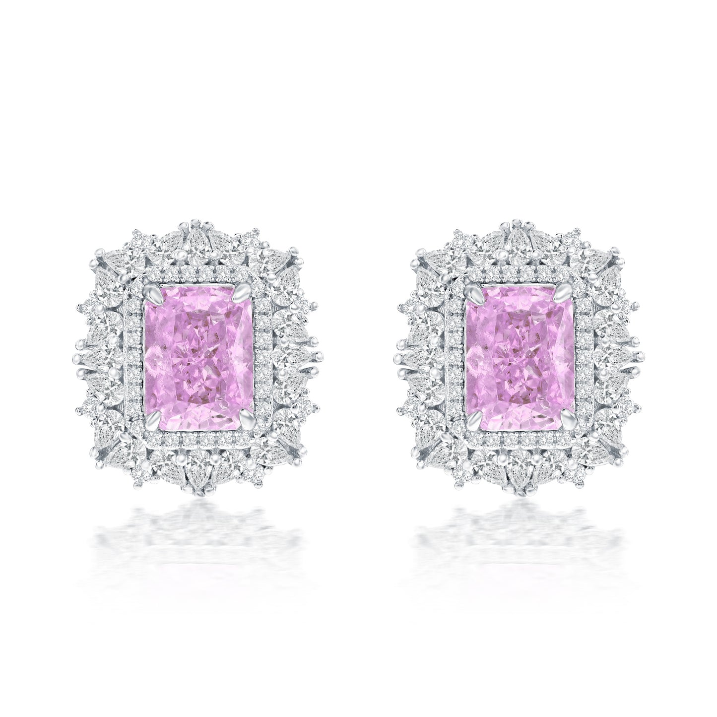 Suzy Levian Sterling Silver Gala Firework Emerald Cut Pink & White Cubic Zirconia Cluster Earrings