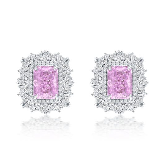 Suzy Levian Sterling Silver Gala Firework Emerald Cut Pink & White Cubic Zirconia Cluster Earrings