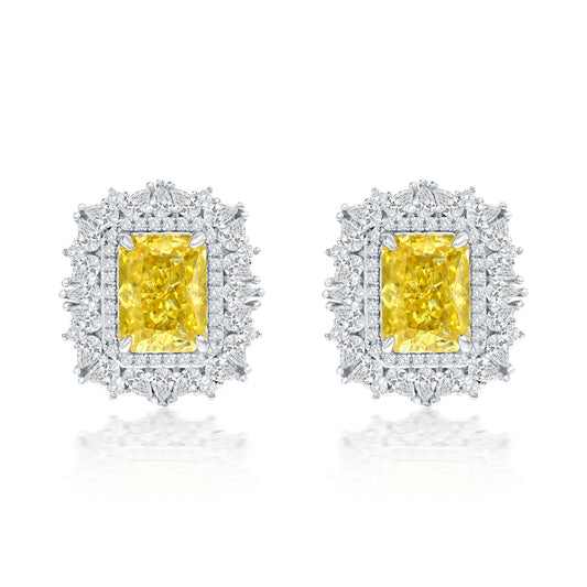 Suzy Levian Sterling Silver Gala Firework Emerald Cut Yellow & White Cubic Zirconia Cluster Earrings