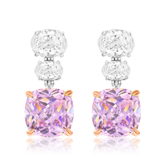 Suzy Levian Sterling Silver Gala Firework Cushion Cut Pink & Oval White Cubic Zirconia Drop Earrings