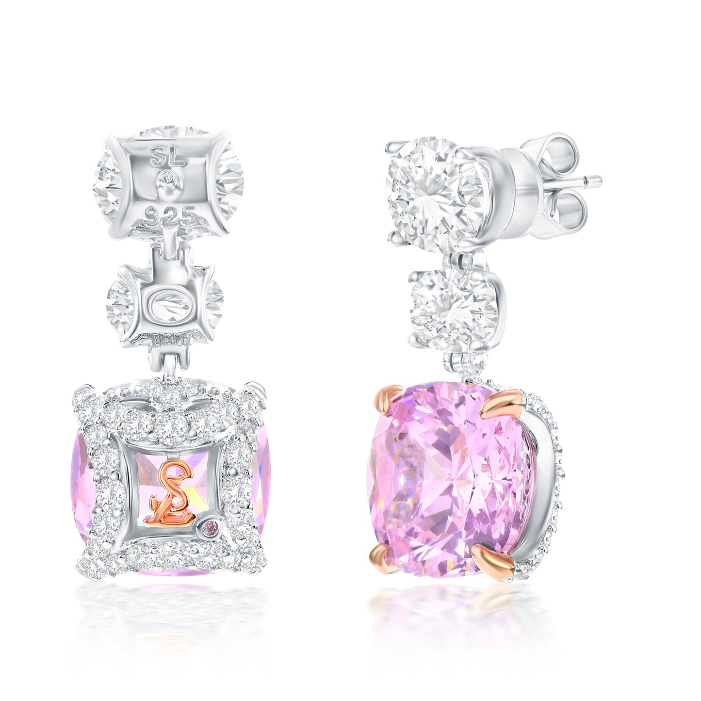 Suzy Levian Sterling Silver Gala Firework Cushion Cut Pink & Oval White Cubic Zirconia Drop Earrings