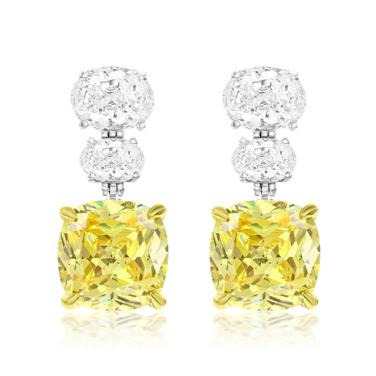 Suzy Levian Sterling Silver Gala Firework Cushion Cut Yellow & Oval White Cubic Zirconia Drop Earrings