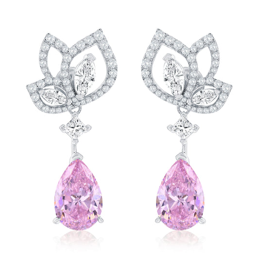 Suzy Levian Sterling Silver Gala Firework Pink Pear Shape Cubic Zirconia Drop Earrings