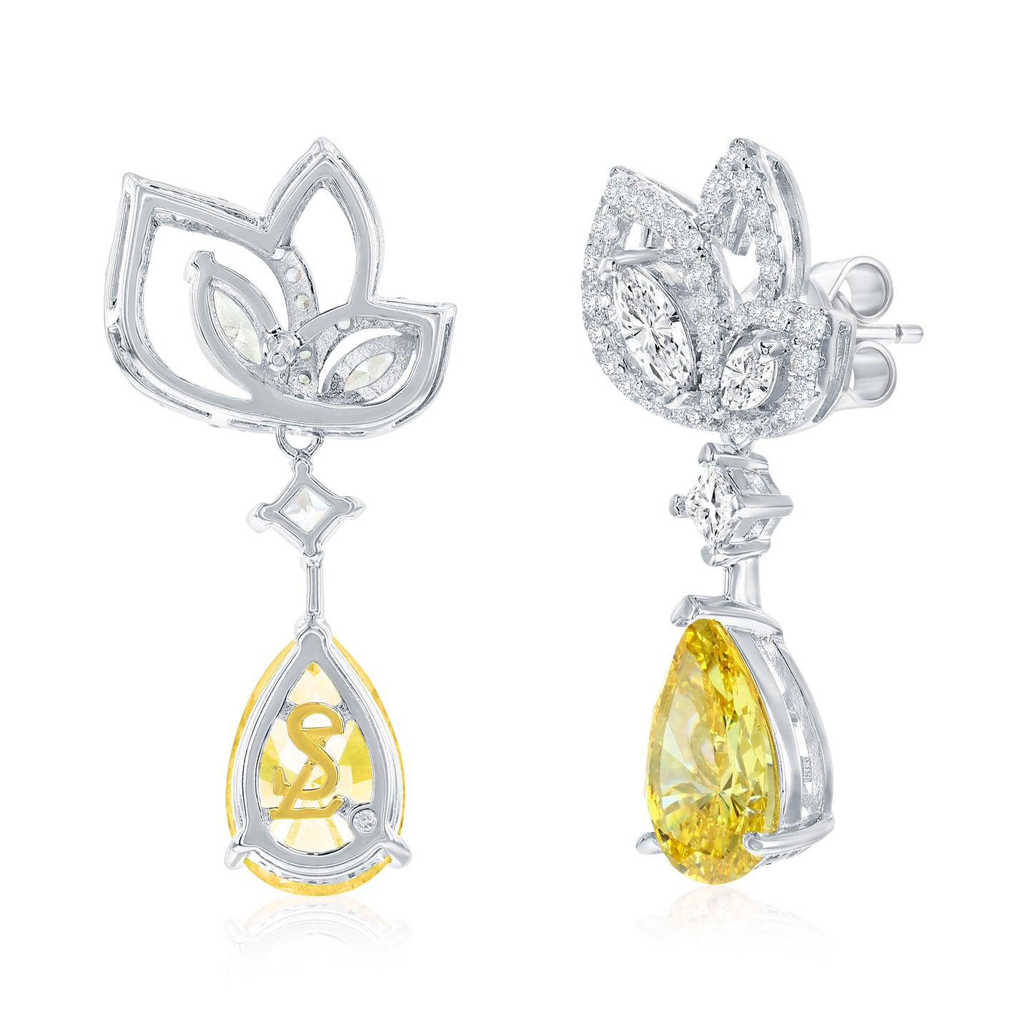 Suzy Levian Sterling Silver Gala Firework Yellow Pear Shape Cubic Zirconia Drop Earrings