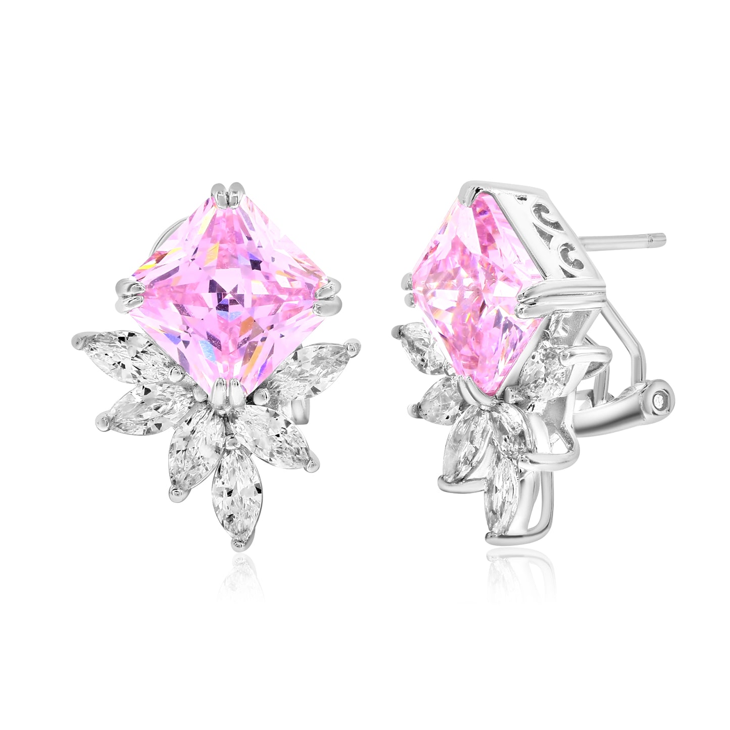 Suzy Levian Sterling Silver Gala Firework Large Emerald Cut Pink & White Cubic Zirconia Cluster Earrings