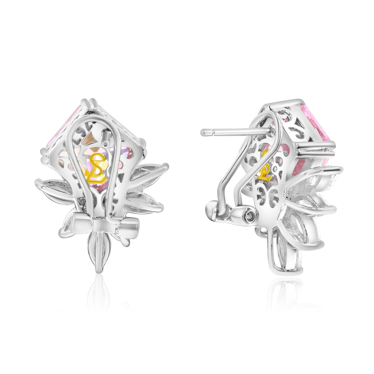 Suzy Levian Sterling Silver Gala Firework Large Emerald Cut Pink & White Cubic Zirconia Cluster Earrings