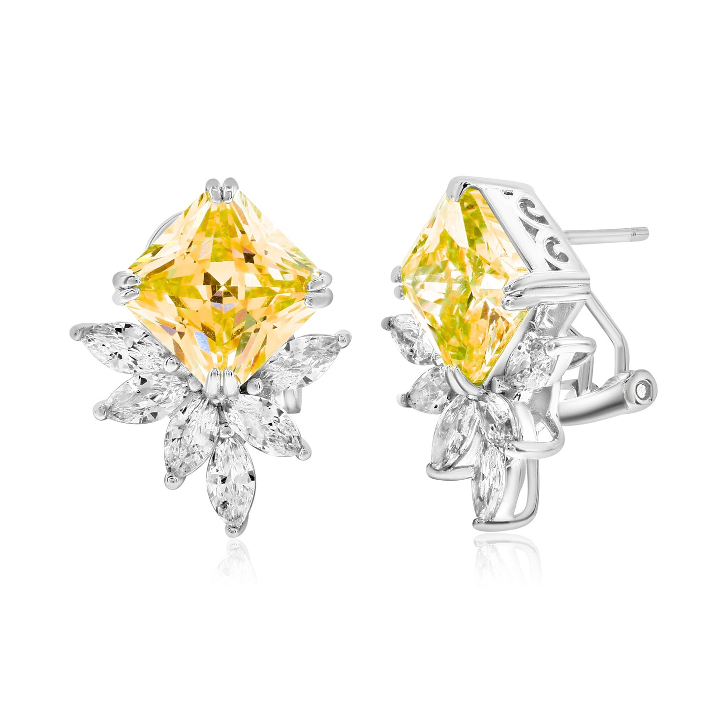 Suzy Levian Sterling Silver Gala Firework Large Emerald Cut Yellow & White Cubic Zirconia Cluster Earrings
