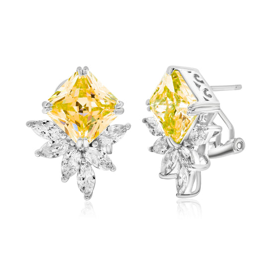 Suzy Levian Sterling Silver Gala Firework Large Emerald Cut Yellow & White Cubic Zirconia Cluster Earrings