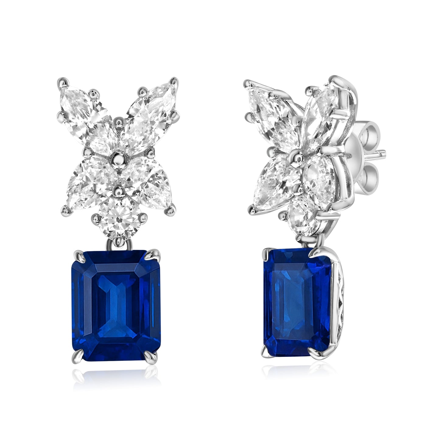 Suzy Levian Sterling Silver Gala Large Emerald Cut Blue & White Cubic Zirconia Cluster Drop Earrings