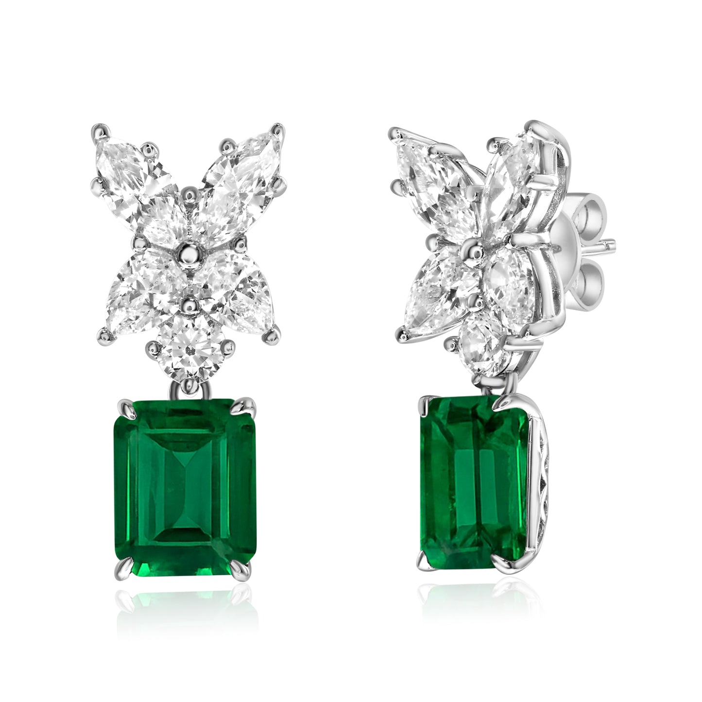 Suzy Levian Sterling Silver Gala Large Emerald Cut Green & White Cubic Zirconia Cluster Drop Earrings