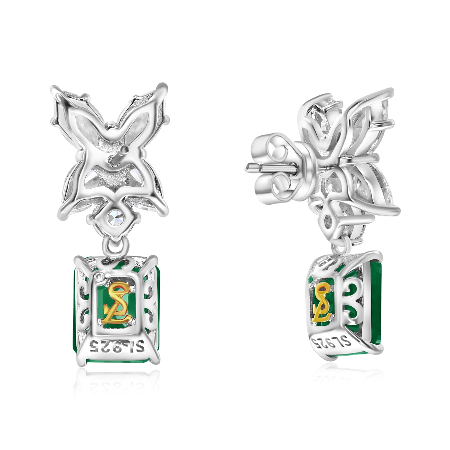 Suzy Levian Sterling Silver Gala Large Emerald Cut Green & White Cubic Zirconia Cluster Drop Earrings