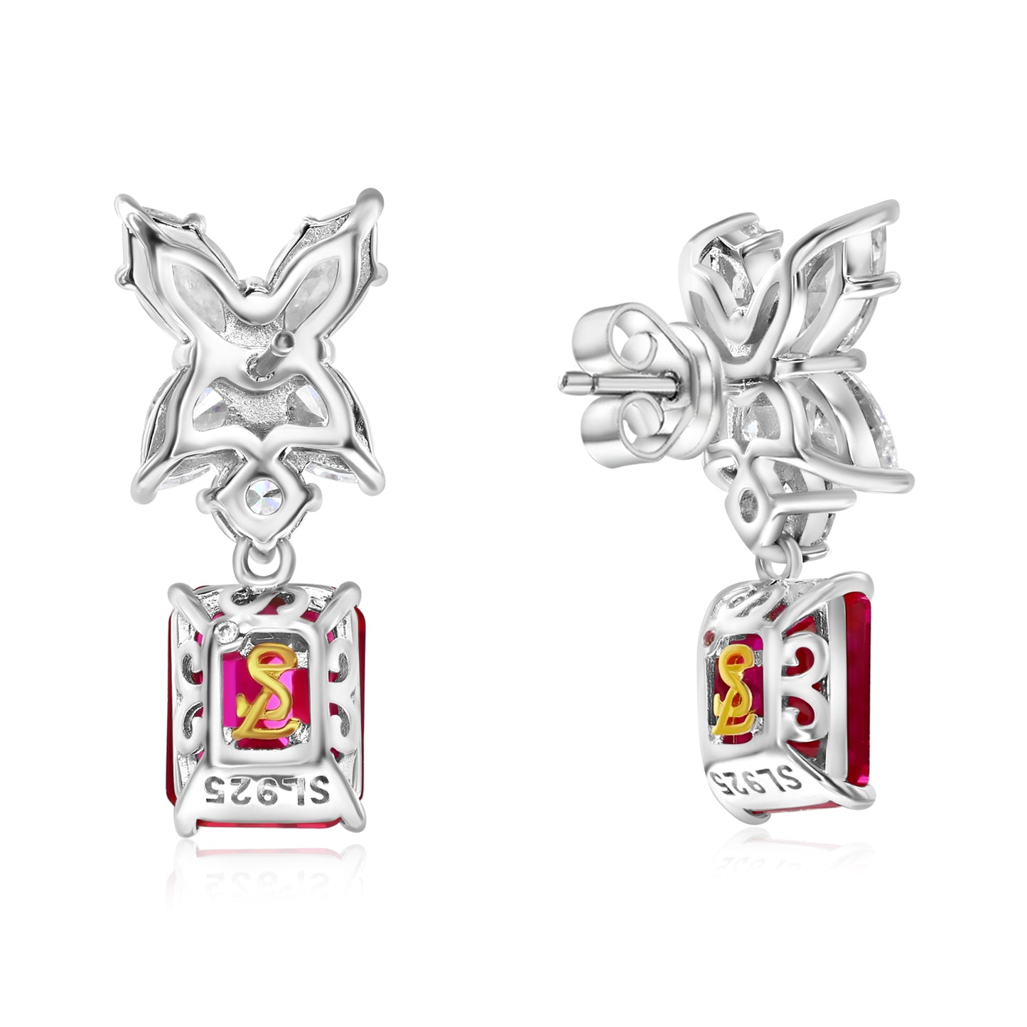 Suzy Levian Sterling Silver Gala Large Emerald Cut Red & White Cubic Zirconia Cluster Drop Earrings