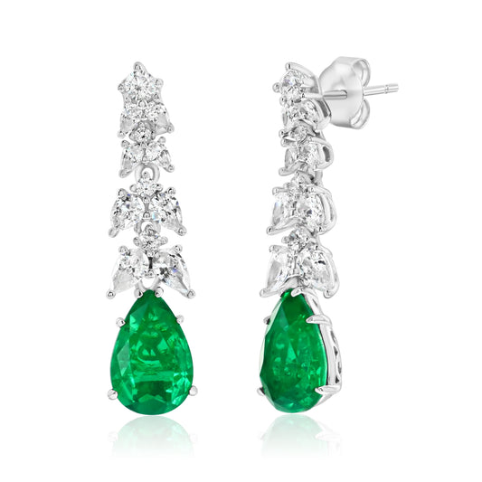 Suzy Levian Sterling Silver Gala Large Pear Shape Green & White Cubic Zirconia Cluster Drop Earrings