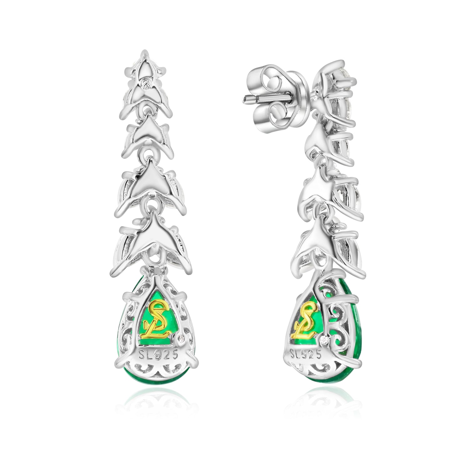 Suzy Levian Sterling Silver Gala Large Pear Shape Green & White Cubic Zirconia Cluster Drop Earrings