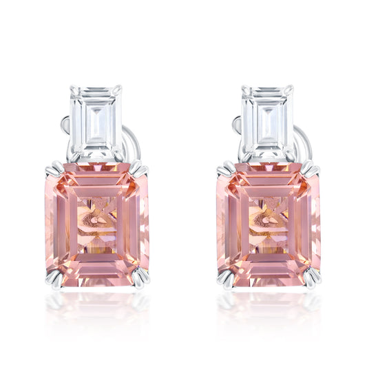 Suzy Levian Sterling Silver Gala Emerald Cut Pink & White Cubic Zirconia Earrings