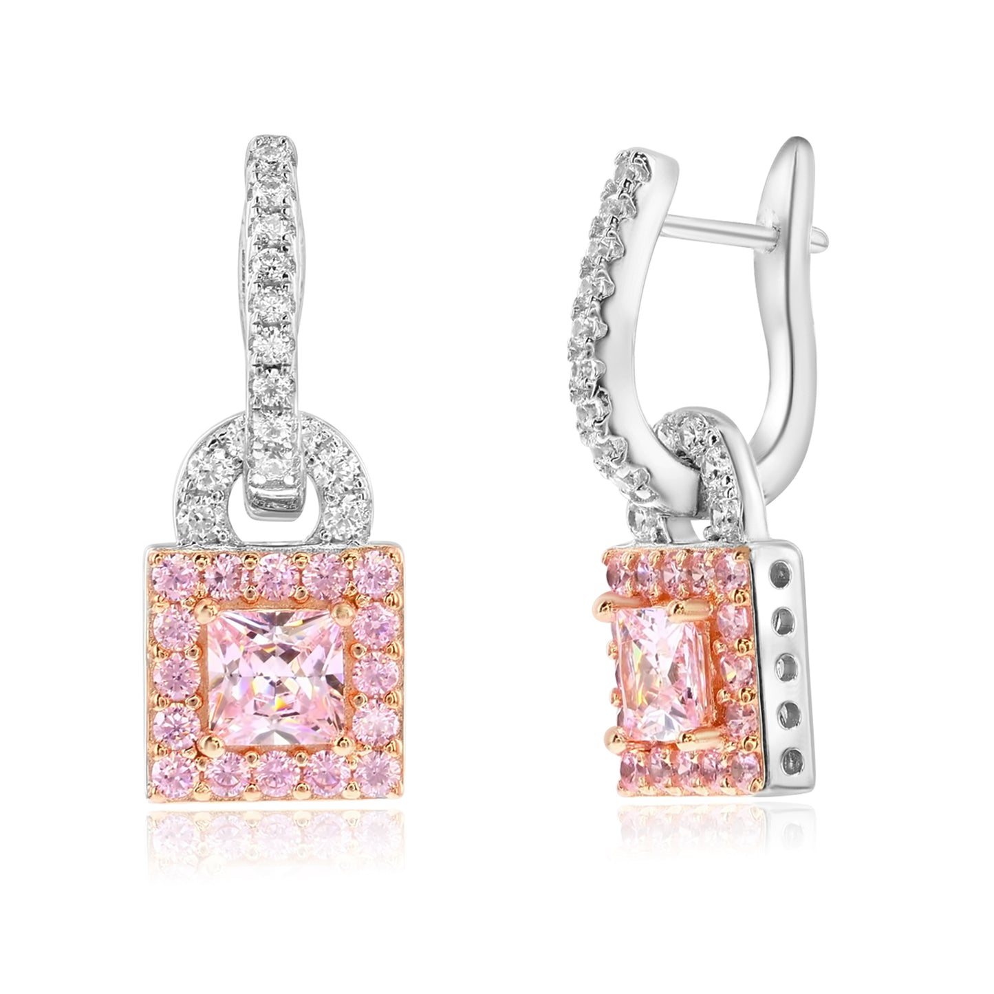 Suzy Levian Sterling Silver Gala Firework Square Cut Pink & White Cubic Zirconia Halo Drop Earrings