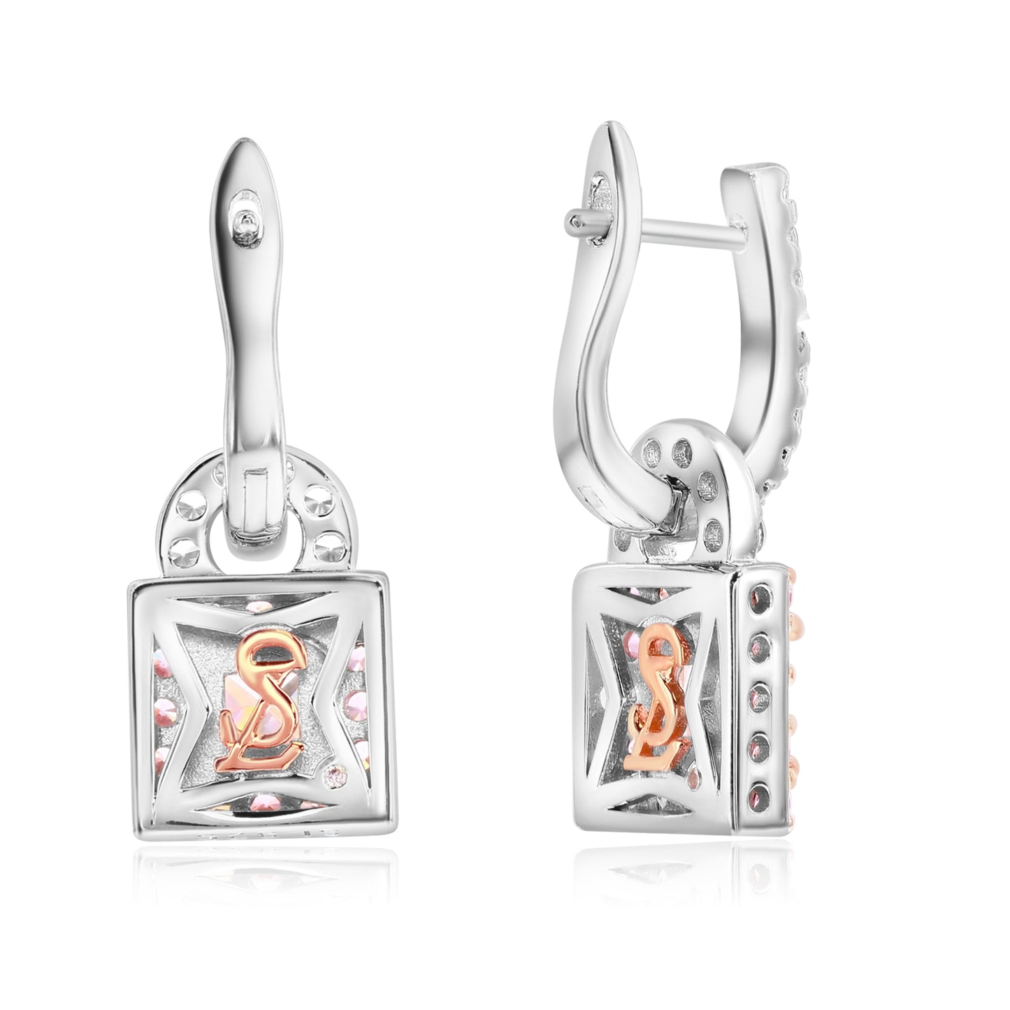 Suzy Levian Sterling Silver Gala Firework Square Cut Pink & White Cubic Zirconia Halo Drop Earrings