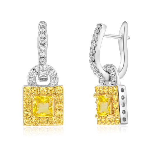 Suzy Levian Sterling Silver Gala Firework Square Cut Yellow & White Cubic Zirconia Halo Drop Earrings
