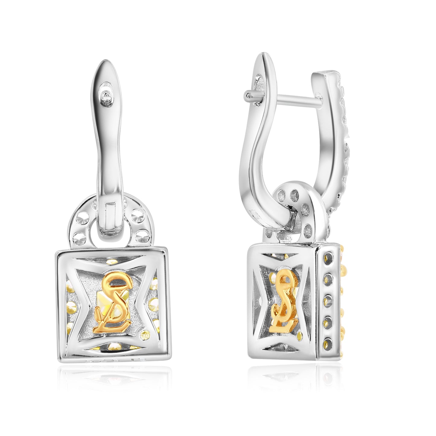 Suzy Levian Sterling Silver Gala Firework Square Cut Yellow & White Cubic Zirconia Halo Drop Earrings