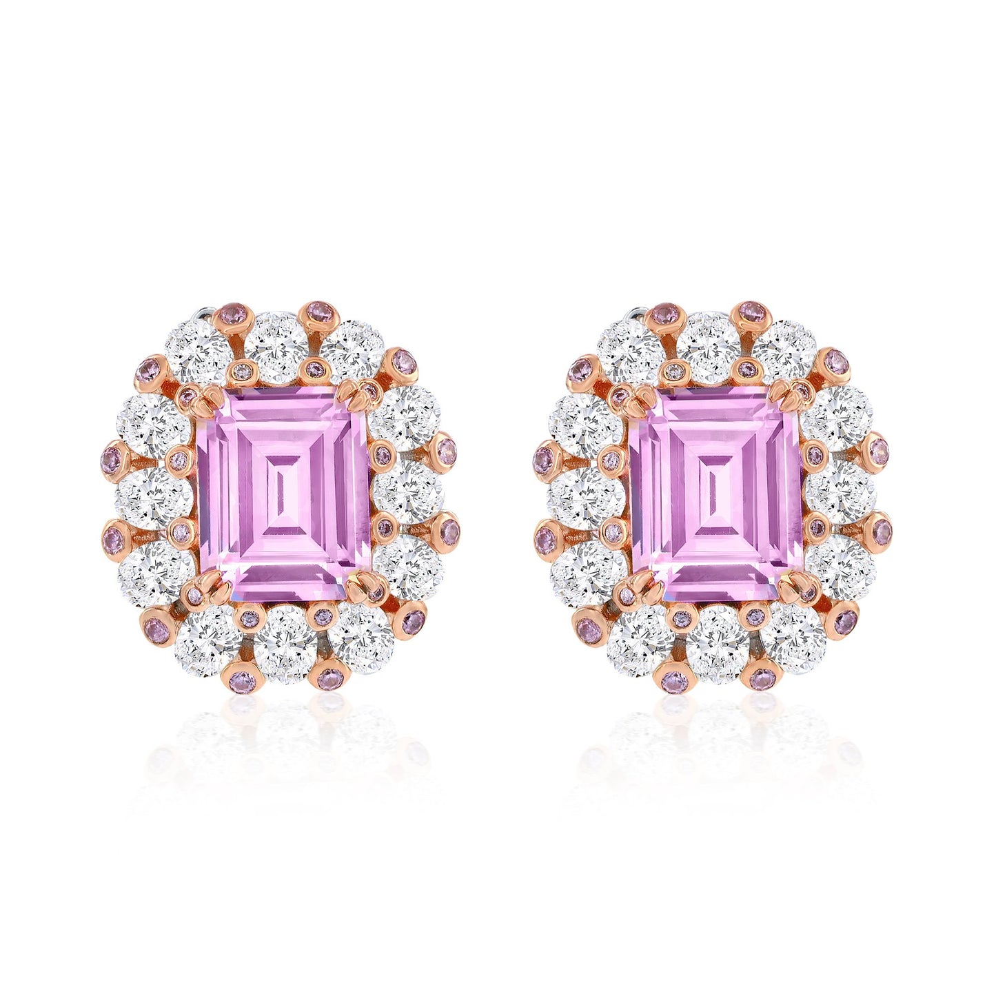 Suzy Levian Sterling Silver Gala Emerald Cut Pink & White Cubic Zirconia Multi-Cut Two-Tone Earrings