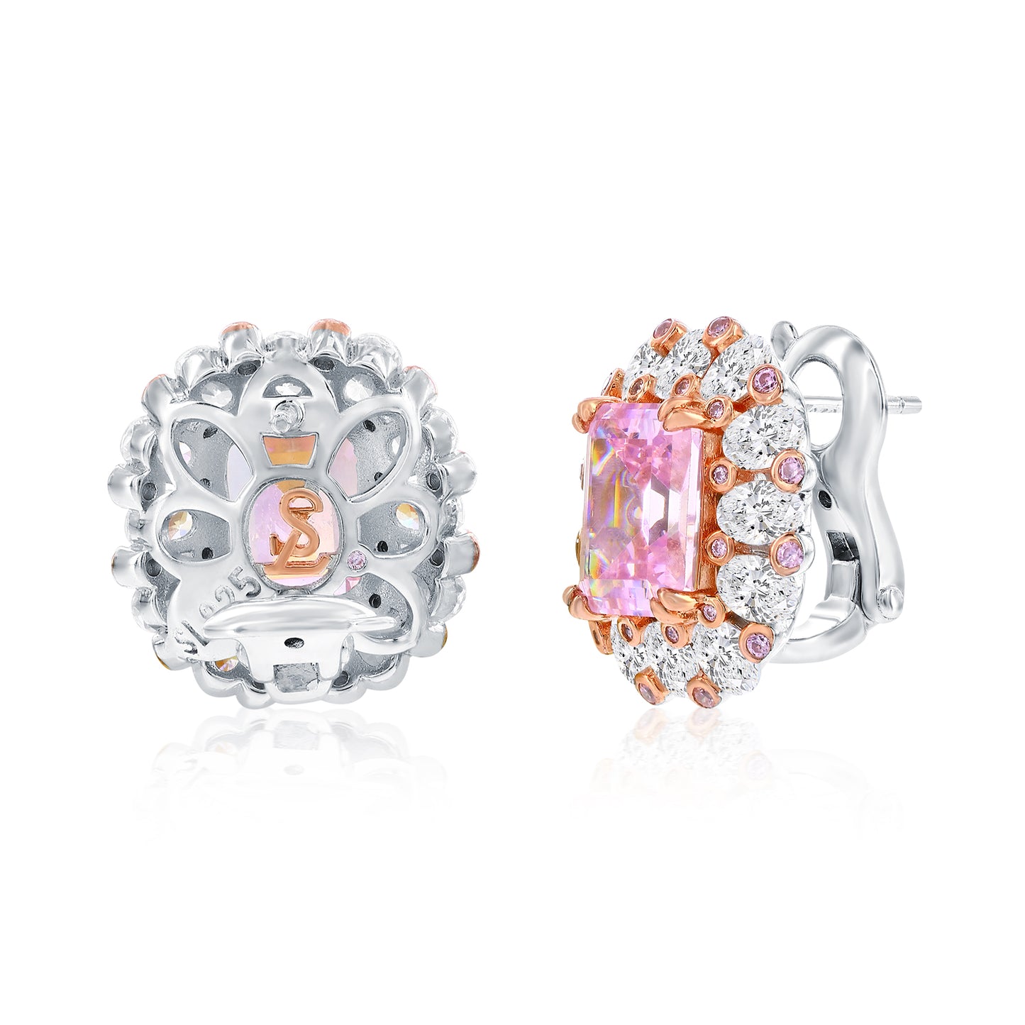 Suzy Levian Sterling Silver Gala Emerald Cut Pink & White Cubic Zirconia Multi-Cut Two-Tone Earrings