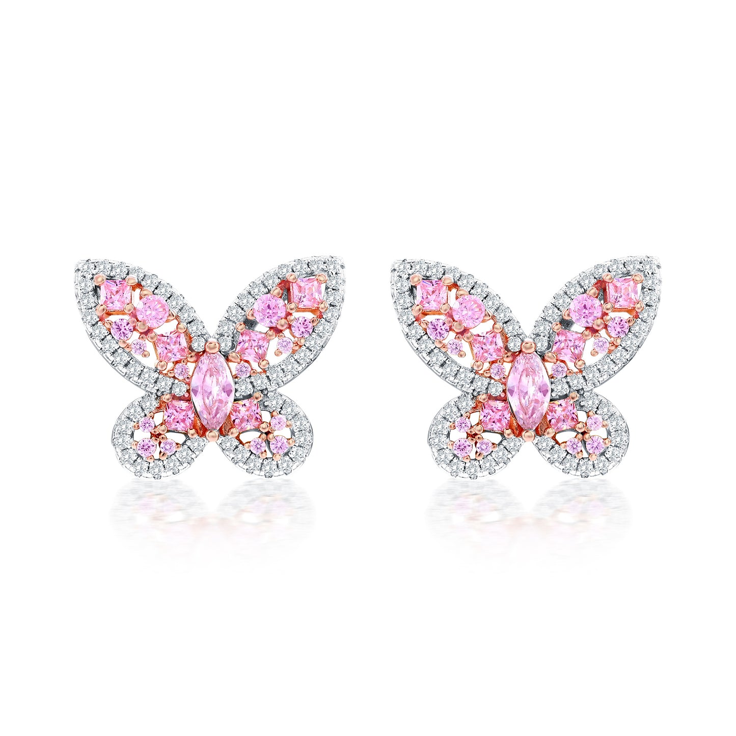 Suzy Levian Sterling Silver Gala Pink & White Cubic Zirconia Pave Butterfly Cluster Earrings