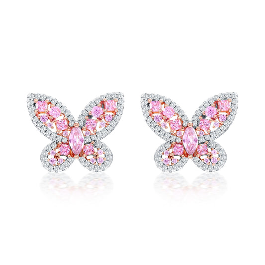 Suzy Levian Sterling Silver Gala Pink & White Cubic Zirconia Pave Butterfly Cluster Earrings