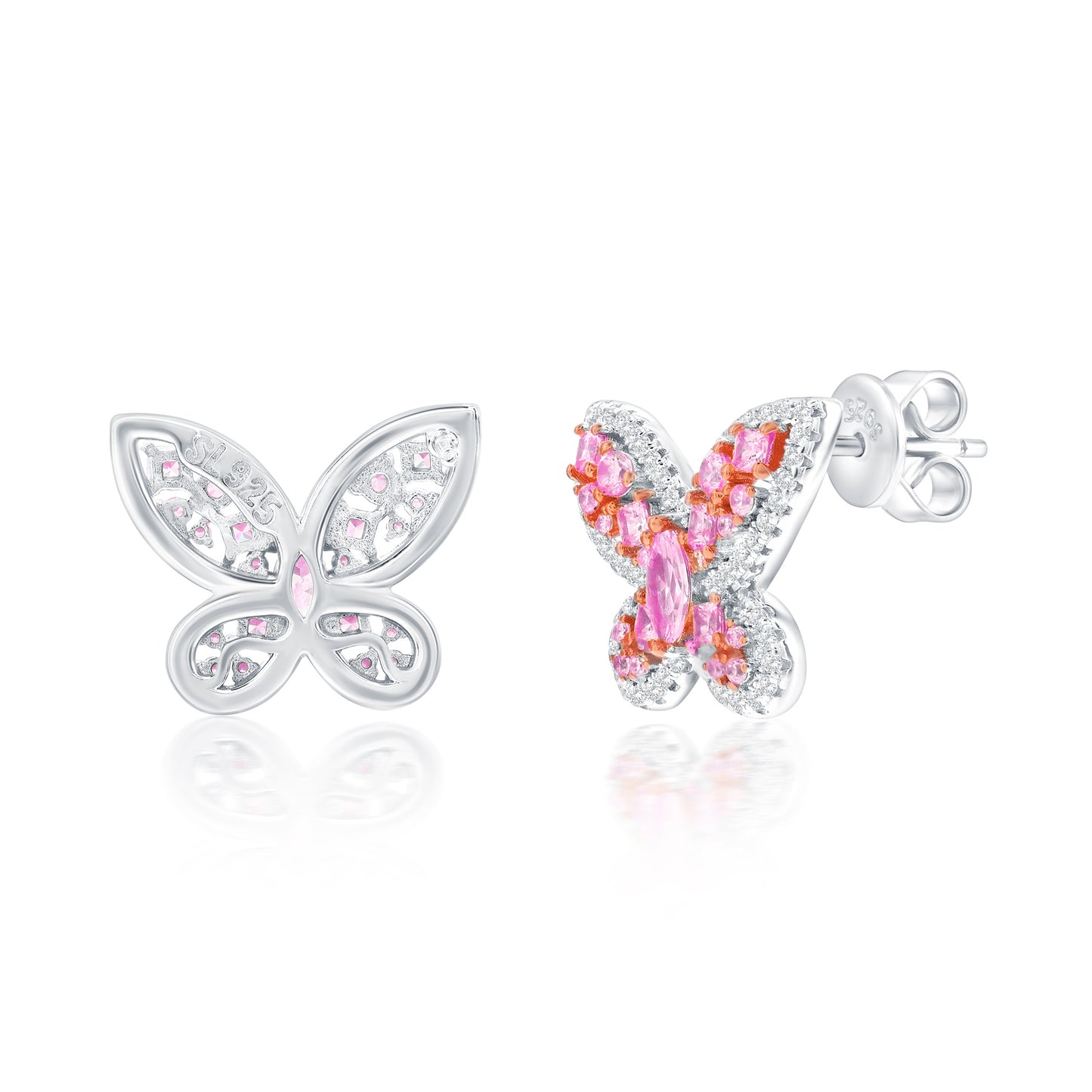 Suzy Levian Sterling Silver Gala Pink & White Cubic Zirconia Pave Butterfly Cluster Earrings