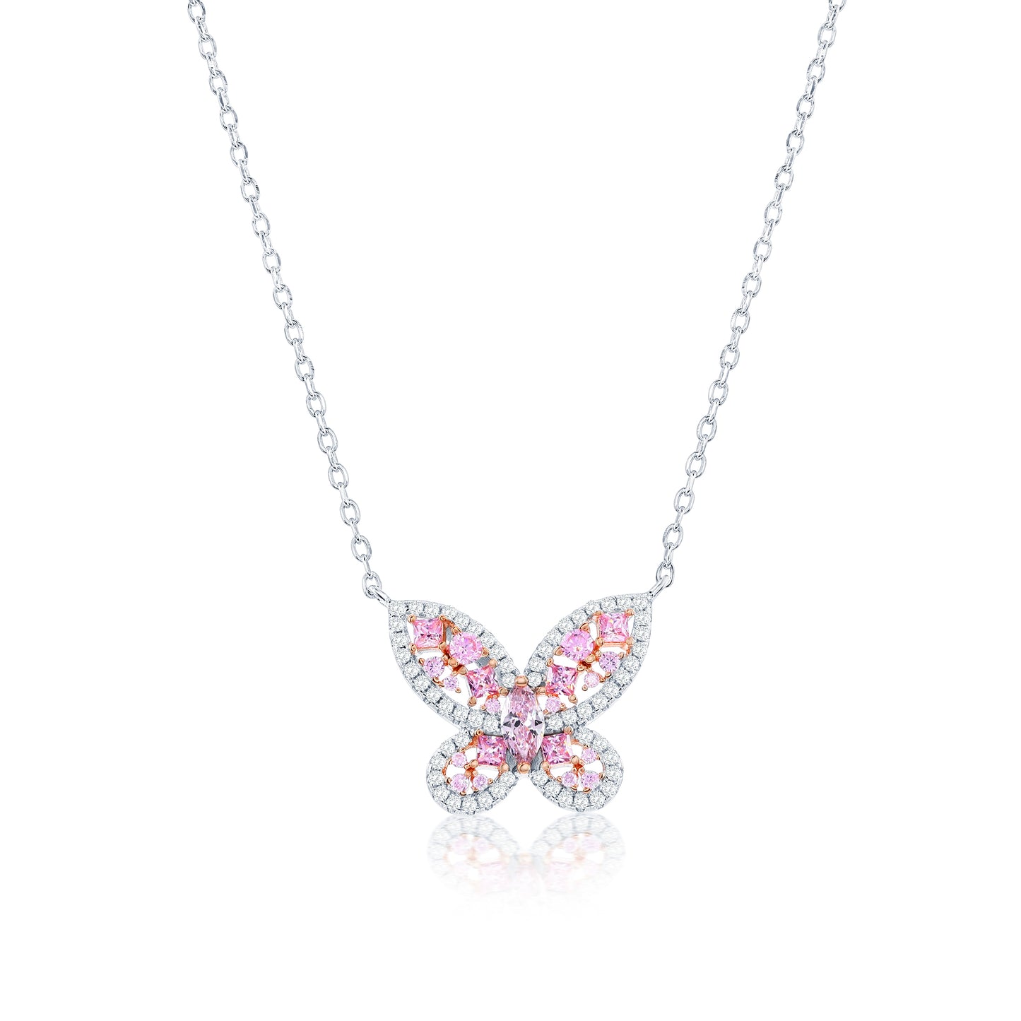 Suzy Levian Sterling Silver Gala Pink & White Cubic Zirconia Pave Butterfly Cluster Necklace