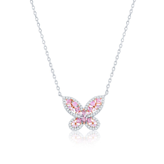 Suzy Levian Sterling Silver Gala Pink & White Cubic Zirconia Pave Butterfly Cluster Necklace