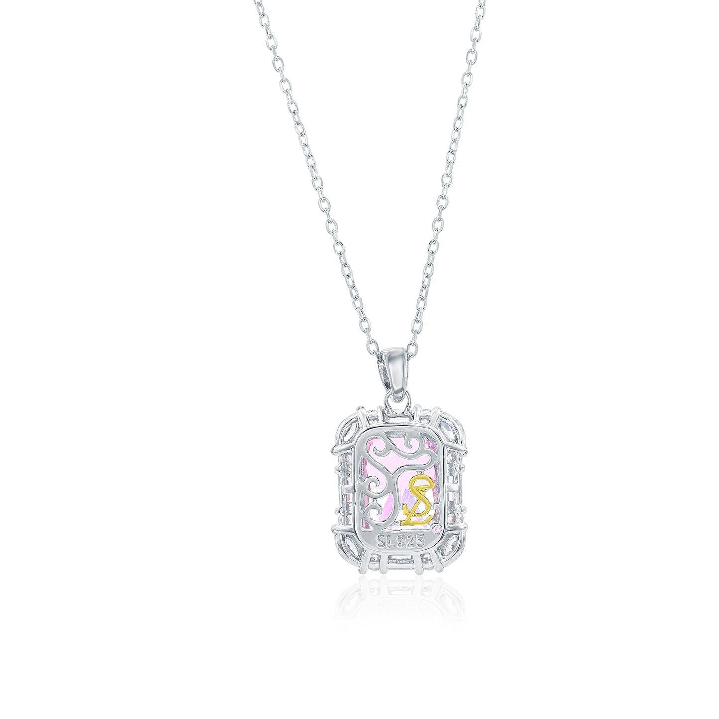 Suzy Levian Sterling Silver Gala Firework Emerald Cut Pink & White Cubic Zirconia Multi-Cut Pendant Necklace
