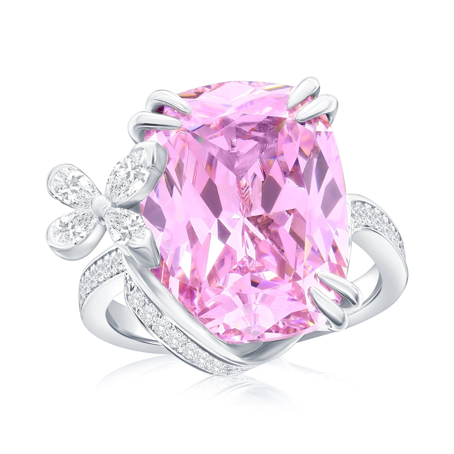 Suzy Levian Sterling Silver Gala Firework Elongated Cushion Cut Pink & White Cubic Zirconia Butterfly Ring