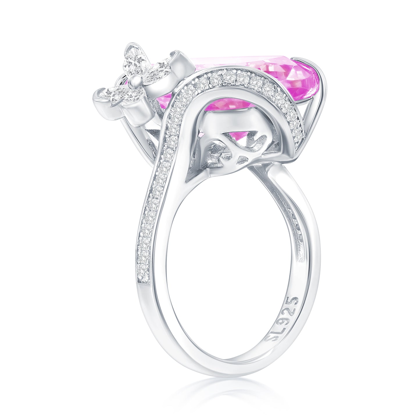 Suzy Levian Sterling Silver Gala Firework Elongated Cushion Cut Pink & White Cubic Zirconia Butterfly Ring