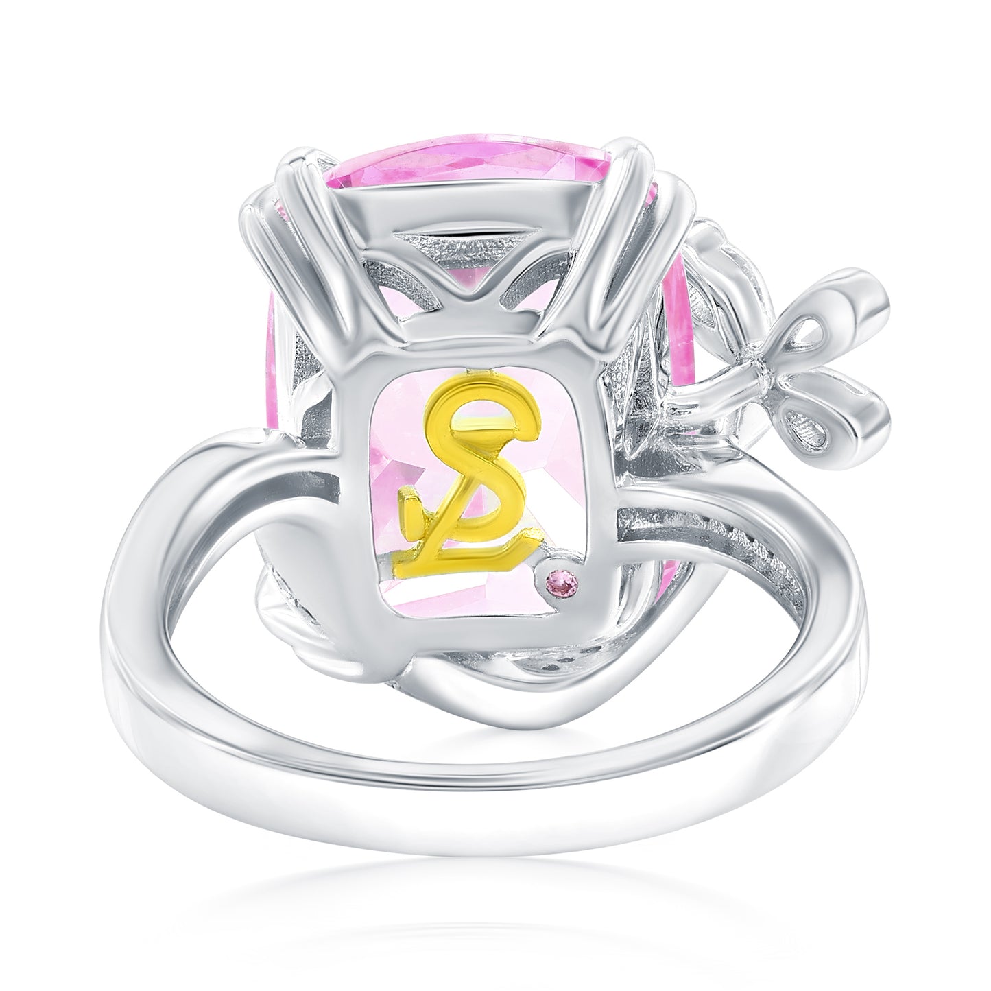 Suzy Levian Sterling Silver Gala Firework Elongated Cushion Cut Pink & White Cubic Zirconia Butterfly Ring