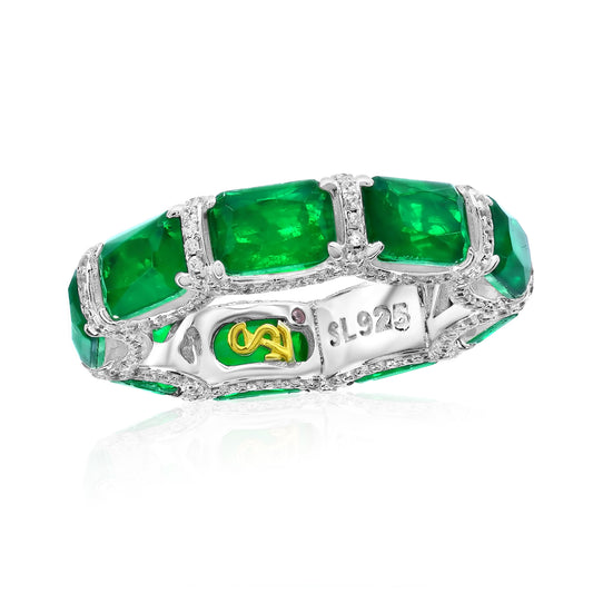 Suzy Levian Sterling Silver Gala Emerald Cut Green Cubic Zirconia Pave U Shape Eternity Band Ring
