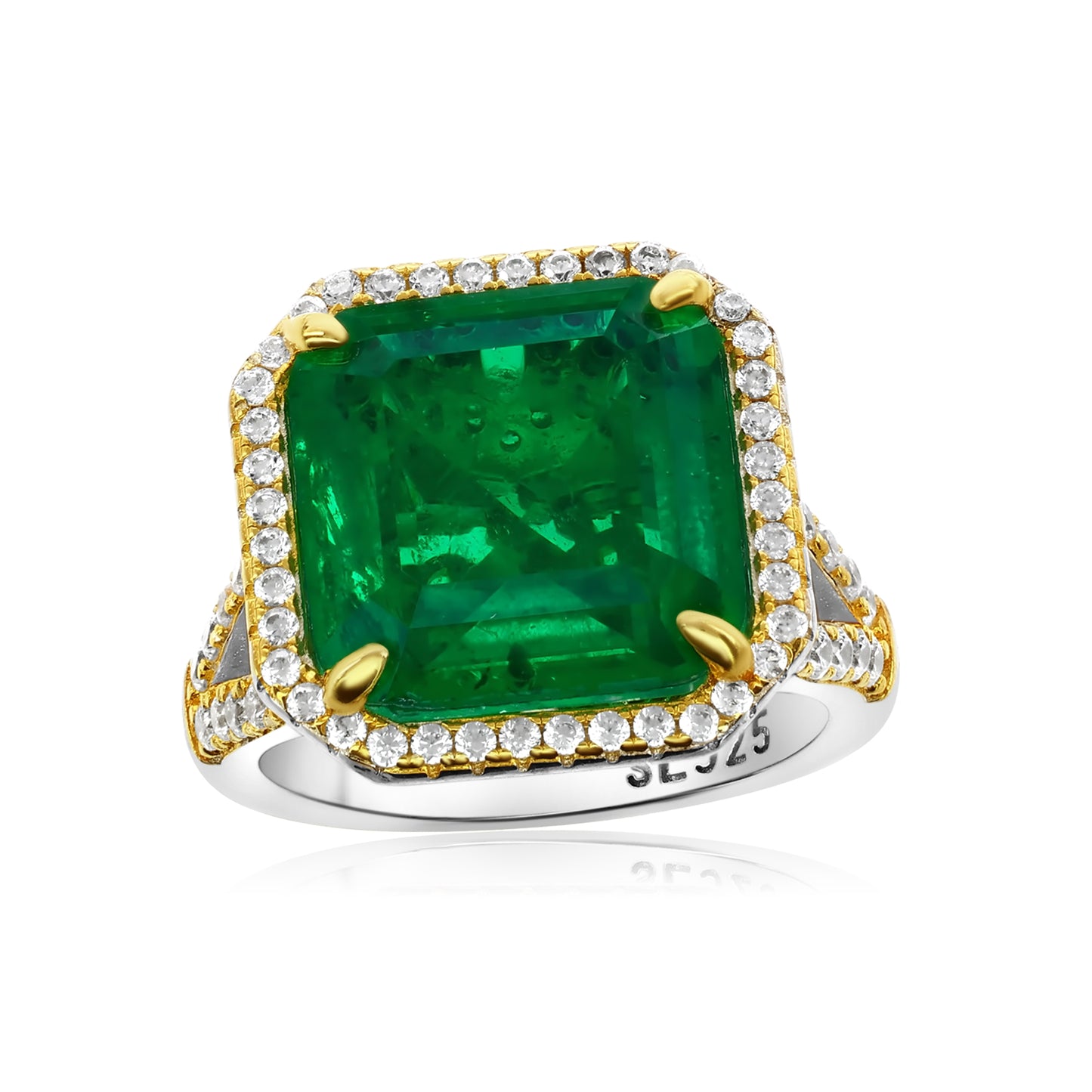Suzy Levian Sterling Silver Gala Large Emerald Cut Green Cubic Zirconia Pave Engagement Ring