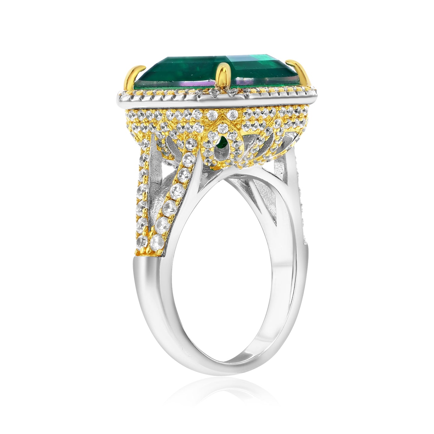 Suzy Levian Sterling Silver Gala Large Emerald Cut Green Cubic Zirconia Pave Engagement Ring