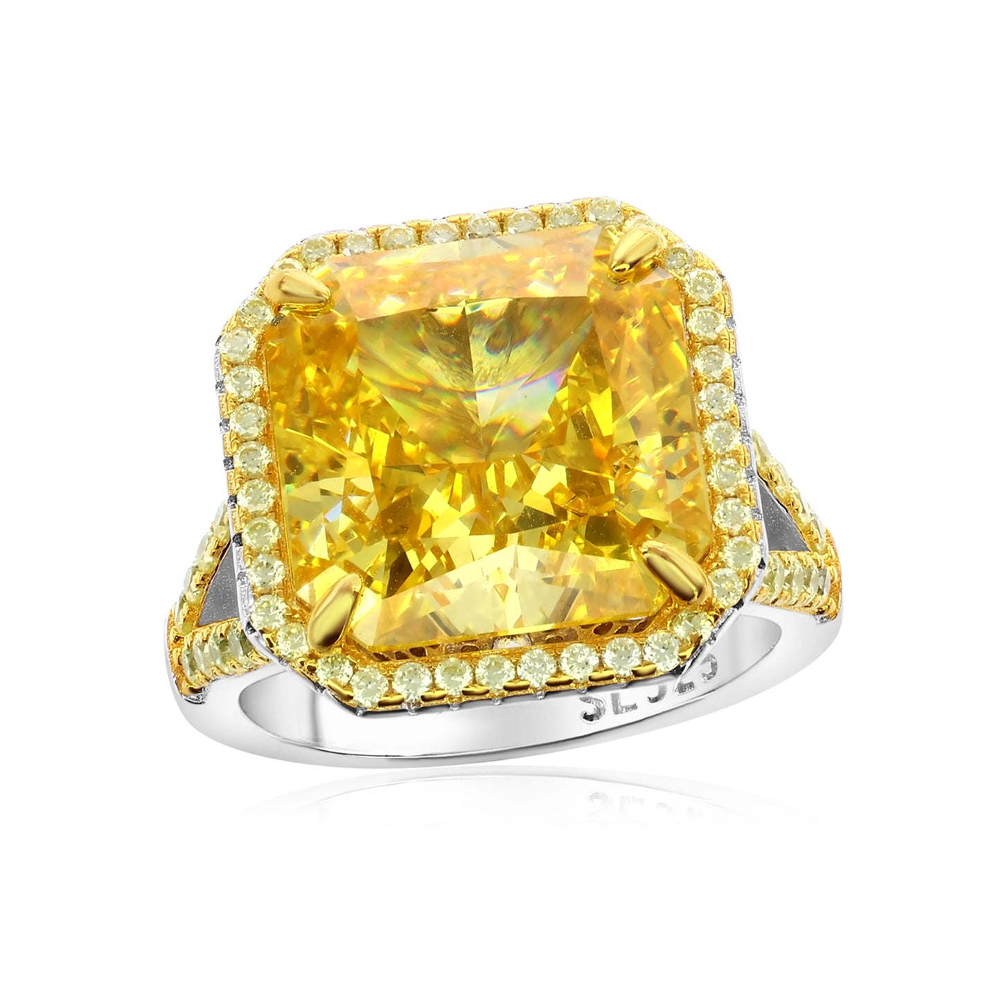 Suzy Levian Sterling Silver Gala Large Emerald Cut Firework Yellow Cubic Zirconia Pave Engagement Ring