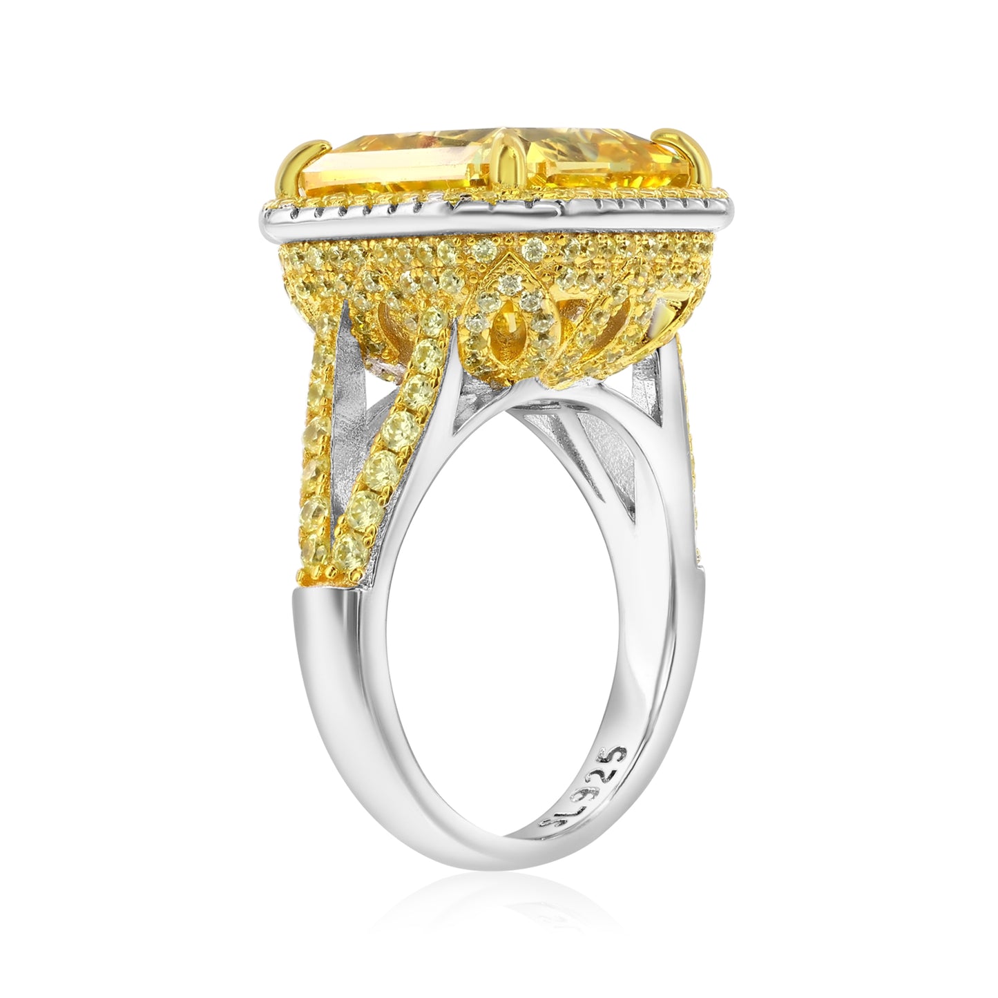 Suzy Levian Sterling Silver Gala Large Emerald Cut Firework Yellow Cubic Zirconia Pave Engagement Ring