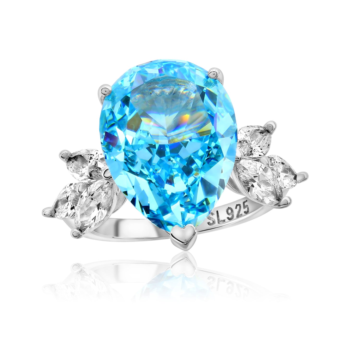 Suzy Levian Sterling Silver Gala Large Pear Shape Firework Aqua Cubic Zirconia Engagement Ring