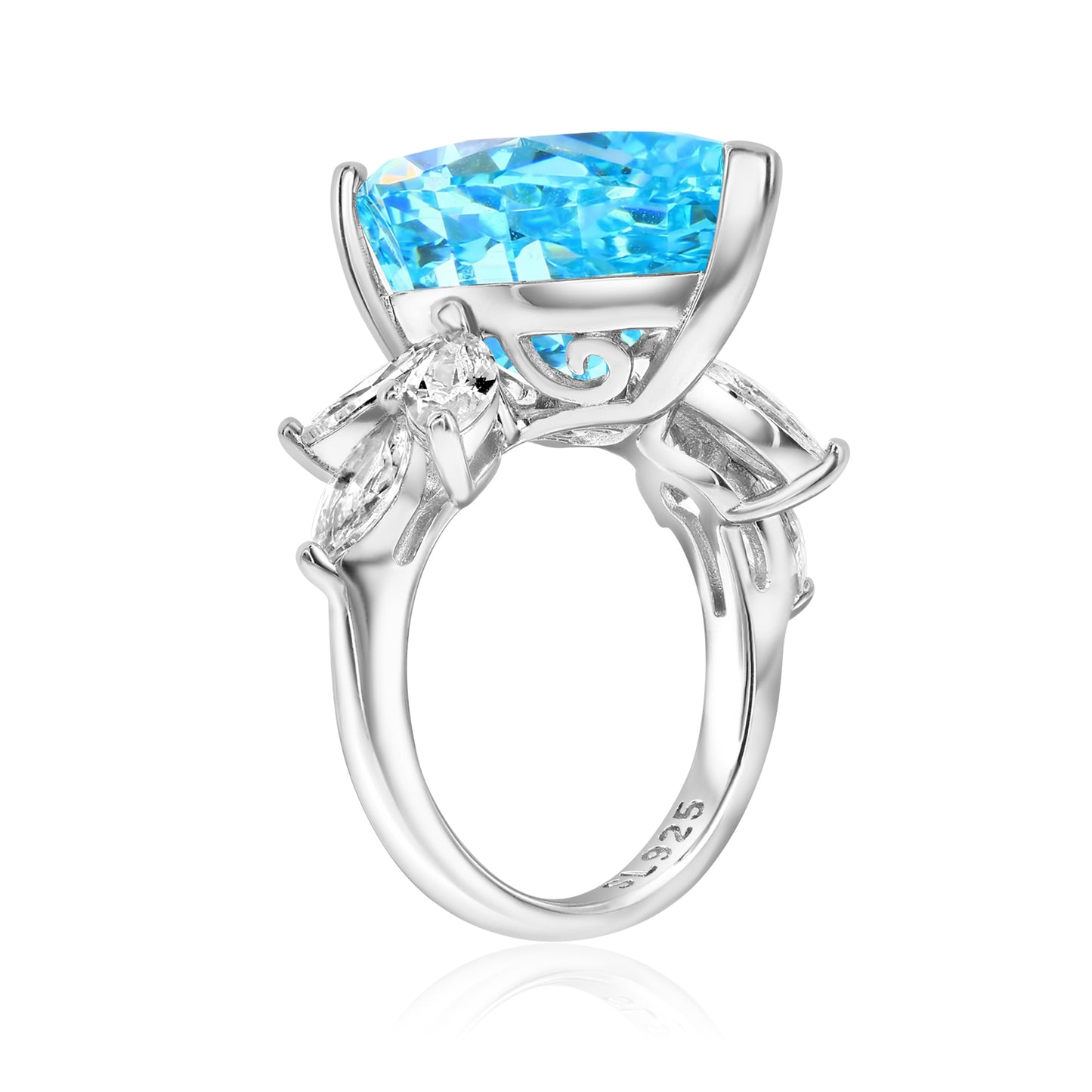 Suzy Levian Sterling Silver Gala Large Pear Shape Firework Aqua Cubic Zirconia Engagement Ring
